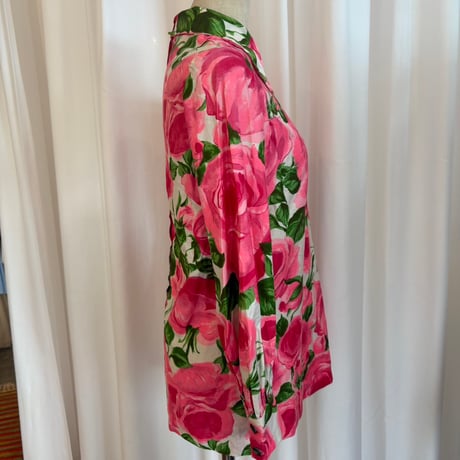 70s ハンドメイド 大花柄 ピンクブラウス