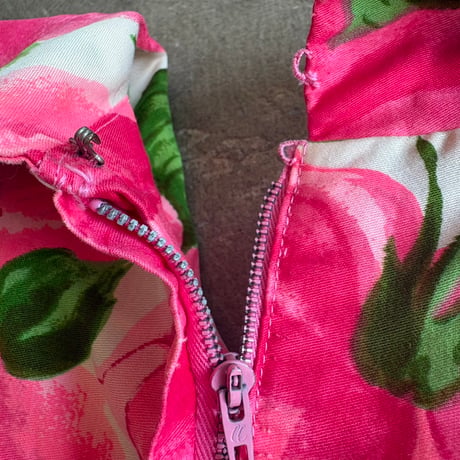 70s ハンドメイド 大花柄 ピンクブラウス