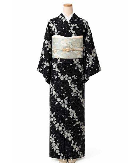 洗える小紋| 黒地レース花柄  上品モノトーン｜らくらく着物