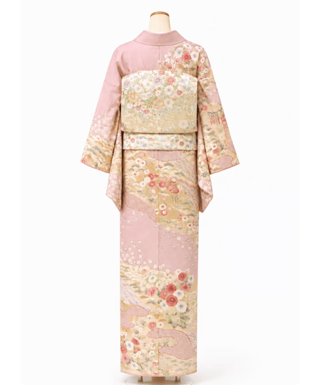 正絹 訪問着| 淡桜ピンク×金彩花柄の華やか上品 優彩花霞文様｜らくらく着物