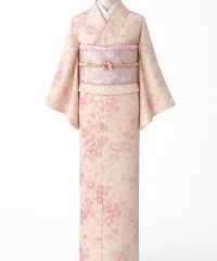 小紋 正絹　桜花文様 上品アイボリー ｜らくらく着物