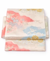2部式袋帯｜コーラル×ブルーの華やぎぼかし染め花文様｜らくらく着物　らくらく帯