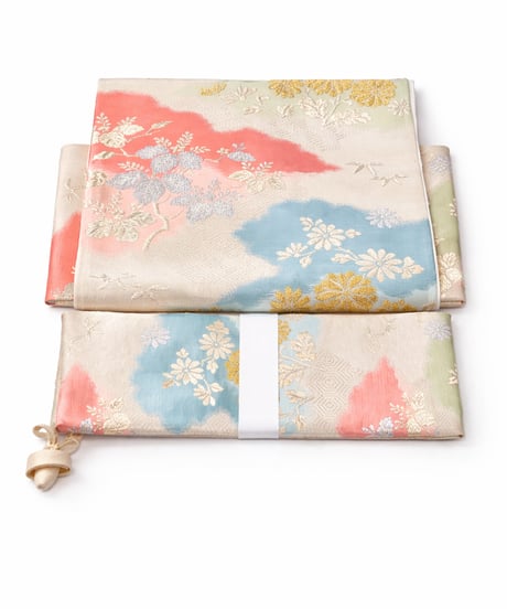 2部式袋帯｜コーラル×ブルーの華やぎぼかし染め花文様｜らくらく着物　らくらく帯