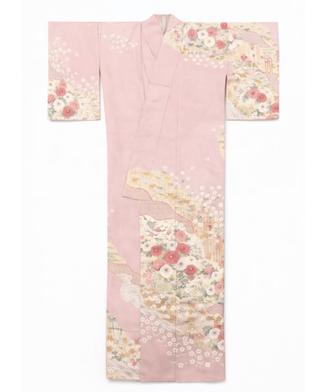 正絹 訪問着| 淡桜ピンク×金彩花柄の華やか上品 優彩花霞文様｜らくらく着物
