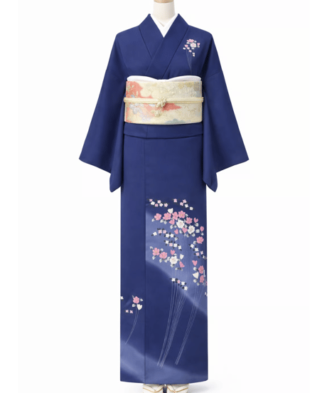 訪問着　濃紺　桜流水訪問着｜らくらく着物
