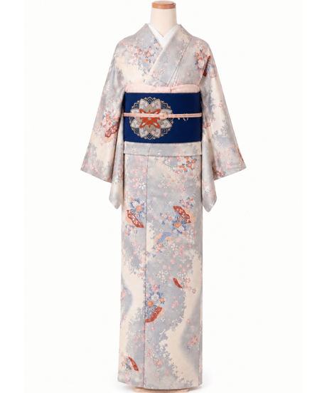 洗える着物×2部式名古屋帯セット｜桜と扇面が彩る上品和装コーデ | らくらく着物　らくらく帯