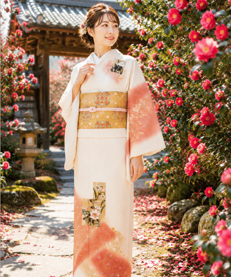 正絹 訪問着 | やわらか桃暈し花雅 上品 金彩花文様 |らくらく着物