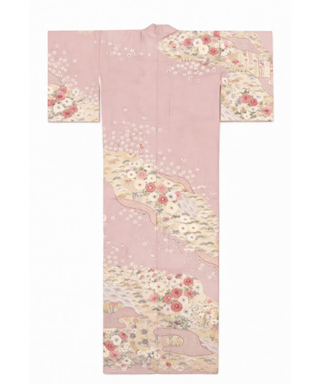 正絹 訪問着| 淡桜ピンク×金彩花柄の華やか上品 優彩花霞文様｜らくらく着物
