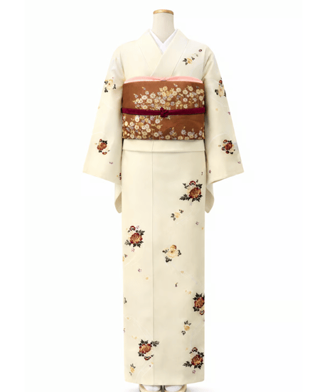 洗える小紋|上品ベージュ×牡丹花柄｜大人可愛い万能着物｜らくらく着物