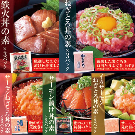 【冷凍便】大人気の海鮮丼をどっさり★海鮮丼詰合せ計１５食 （マグロ漬け3p＋ネギトロ3P+サーモンネギトロ3p+サーモン漬け3p +イカサーモンねぎとろ3P）※離島配送不可