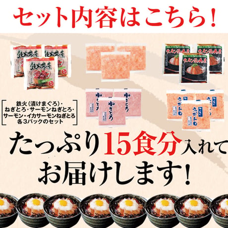 【冷凍便】大人気の海鮮丼をどっさり★海鮮丼詰合せ計１５食 （マグロ漬け3p＋ネギトロ3P+サーモンネギトロ3p+サーモン漬け3p +イカサーモンねぎとろ3P）※離島配送不可
