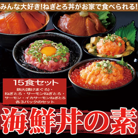 【冷凍便】大人気の海鮮丼をどっさり★海鮮丼詰合せ計１５食 （マグロ漬け3p＋ネギトロ3P+サーモンネギトロ3p+サーモン漬け3p +イカサーモンねぎとろ3P）※離島配送不可