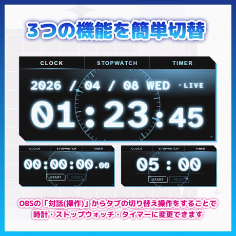 【OBS】動く！サイバー配信時計 7色セット【HTML/アニメーション/ストップウォッチ/タイマー】