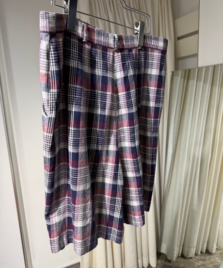 リネン混 ワイドチェックショーツ