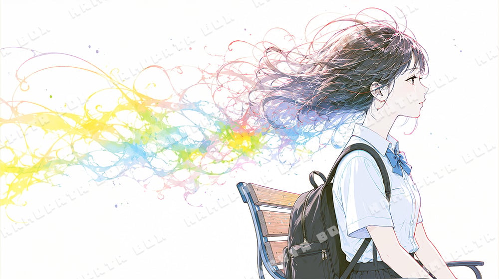 カラフルな女性の絵 カラフルな虹色の風を纏い何かを想う女子校の横顔 no.4 | イラスト素材