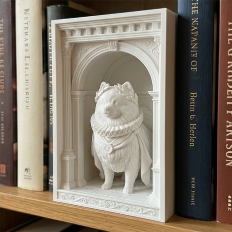 犬（ポメラニアン）の3Dプリント ブックヌーク 白PLA 本棚インテリア