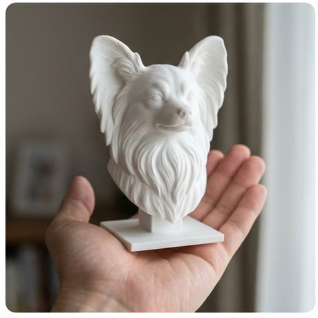 犬（パピヨン）の3Dプリント胸像 白PLA 彫刻 置物 インテリア