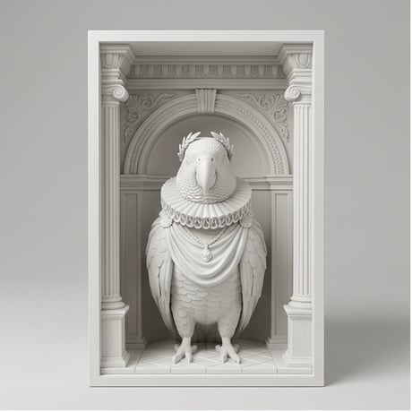 インコ（ヨウム）の3Dプリント ブックヌーク 白PLA 本棚インテリア