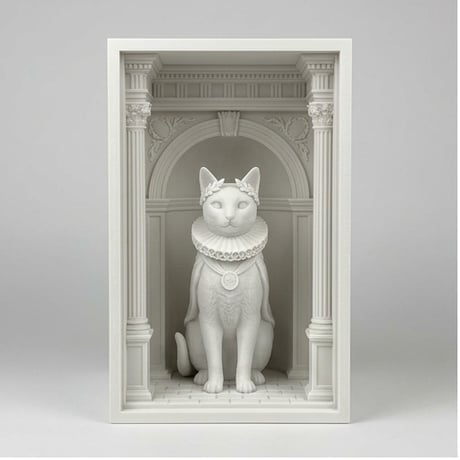 猫（ロシアンブルー）の3Dプリント ブックヌーク 白PLA 本棚インテリア