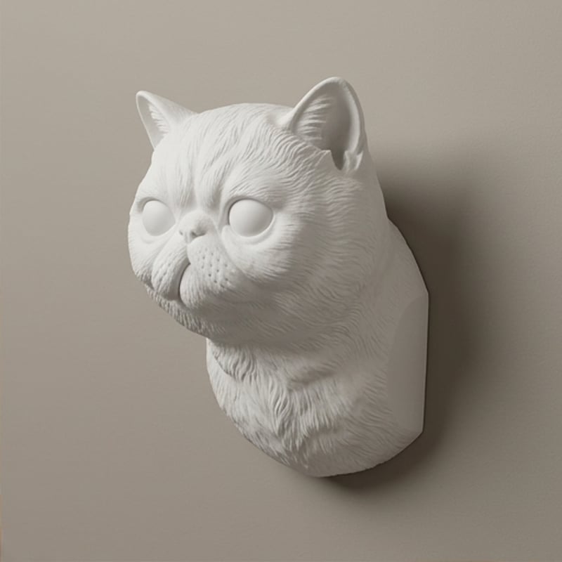 エキゾチックショートヘアの壁掛けレリーフ 3Dプリント 白PLA