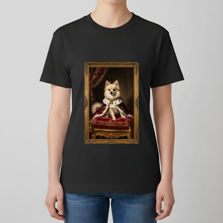 犬（ポメラニアン）半袖Tシャツ ルネサンス風カラーアート ブラック 男女兼用