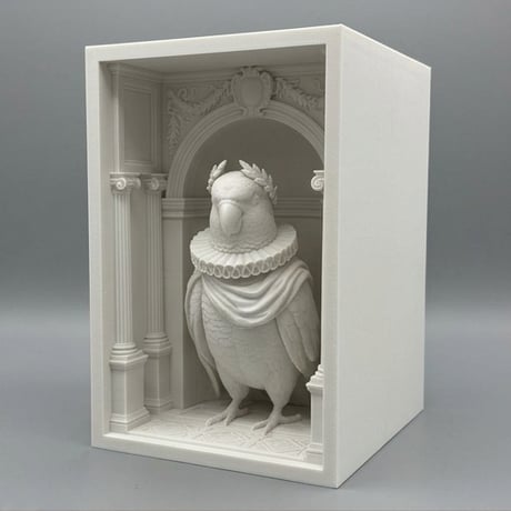 インコ（オキナインコ）の3Dプリント ブックヌーク 白PLA 本棚インテリア
