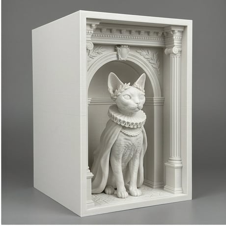 猫（デボンレックス）の3Dプリント ブックヌーク 白PLA 本棚インテリア