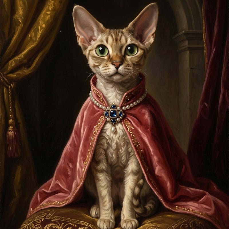 猫（デボンレックス）のルネサンス風肖像画 油絵風アートA3額装