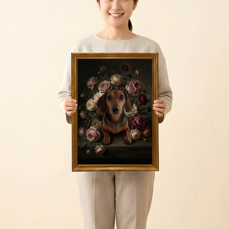 犬（ミニチュアダックスフンド）の花の油絵風アート A3額装インテリア壁掛け