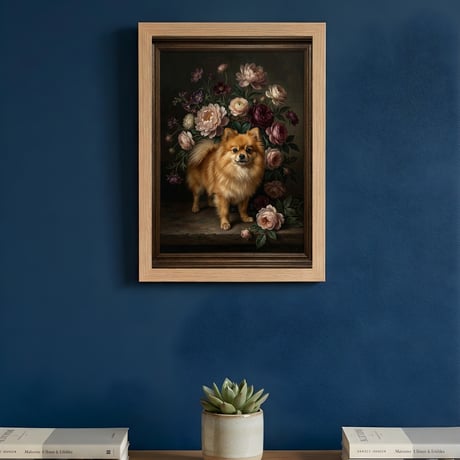 犬（ポメラニアン）の花に囲まれた油絵風アート A4額装インテリア壁掛け