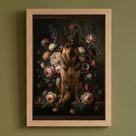 犬（ジャーマンシェパード）の花に囲まれた油絵風アート A4額装インテリア壁掛け