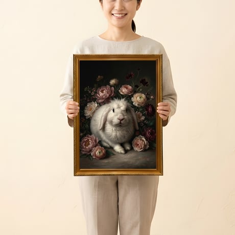うさぎ（フレンチアンゴラ）の花に囲まれた油絵風アート A3額装インテリア壁掛け