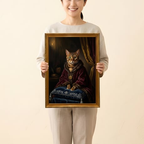 猫（ベンガル）のルネサンス風肖像画 油絵風アートA3額装インテリア壁掛け