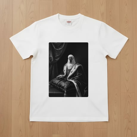 インコ（キバタン）半袖Tシャツ ルネサンス風モノクロアート ホワイト 男女兼用