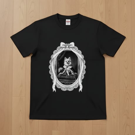 犬（ポメラニアン）半袖Tシャツ ルネサンス風モノクロアート ブラック 男女兼用