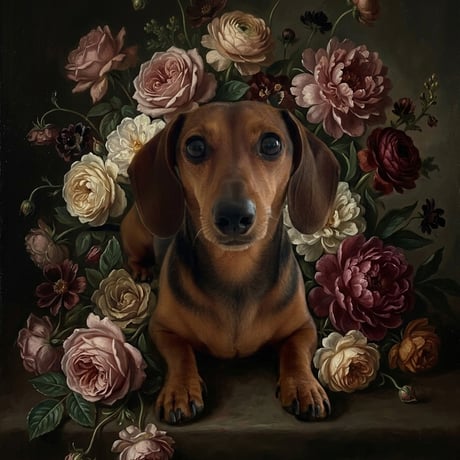 犬（ミニチュアダックスフンド）の花の油絵風アート A4額装インテリア壁掛け