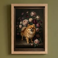 犬（ポメラニアン）の花に囲まれた油絵風アート A4額装インテリア壁掛け