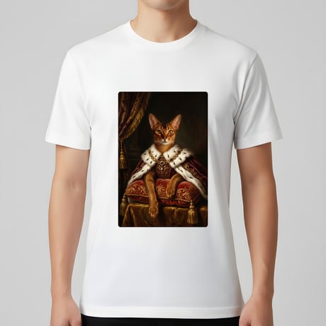 猫（アビシニアン）半袖Tシャツ ルネサンス風カラーアート ホワイト 男女兼用