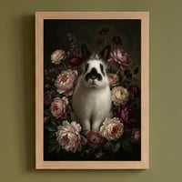 うさぎ（ヒマラヤン）の花に囲まれた油絵風アート A4額装インテリア壁掛け