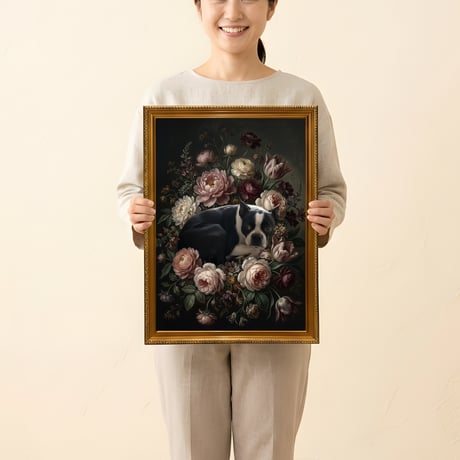犬（ボストンテリア）の花に囲まれた油絵風アート A3額装インテリア壁掛け