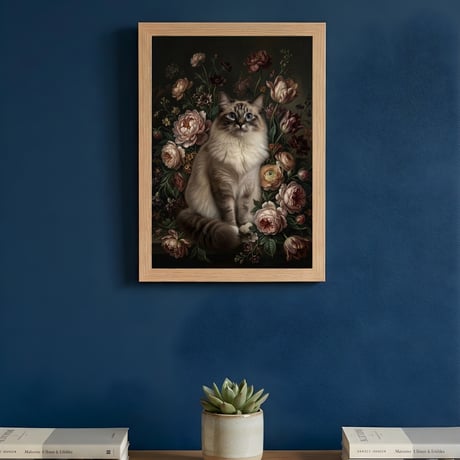 猫（ラグドール）の花に囲まれた油絵風アート A4額装インテリア壁掛け