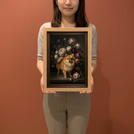 犬（ポメラニアン）の花に囲まれた油絵風アート A4額装インテリア壁掛け