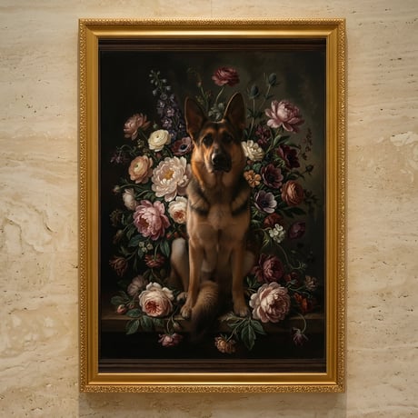 犬（ジャーマンシェパード）の花に囲まれた油絵風アート A3額装インテリア壁掛け