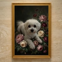 犬（ビションフリーゼ）の花に囲まれた油絵風アート A3額装インテリア壁掛け