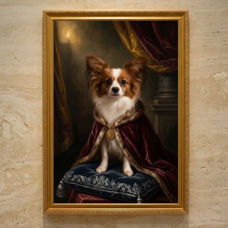 犬（パピヨン）のルネサンス風肖像画 油絵風アートA3額装インテリア壁掛け