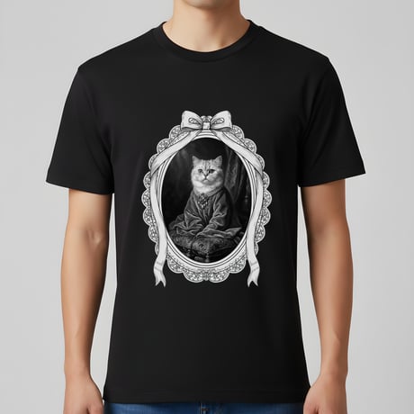 チンチラペルシャ半袖Tシャツ ルネサンス風モノクロ ブラック 男女兼用