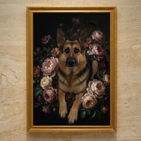 犬（ジャーマンシェパード）の花に囲まれた油絵風アート A3額装インテリア壁掛け