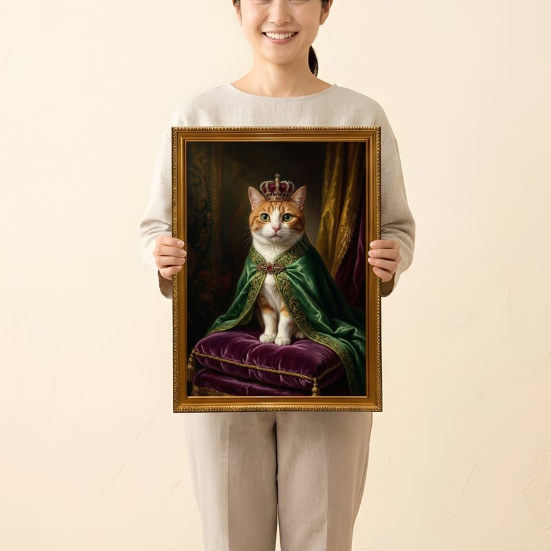 田中坦三 猫 アンティーク 直筆 骨董 色紙 額付き 壁掛け 猫（マンチカン）のルネサンス風肖像画 油絵風アートA3額装インテリア