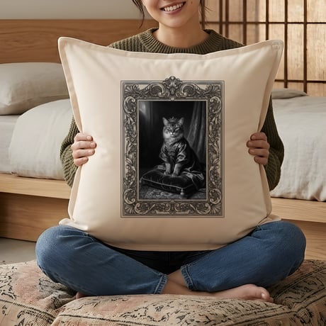 猫（アビシニアン）クッション 45cm ルネサンス風モノクロアート 額縁デザイン