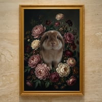 うさぎ（アメリカンファジーロップ）の花の油絵風アート A3額装インテリア壁掛け